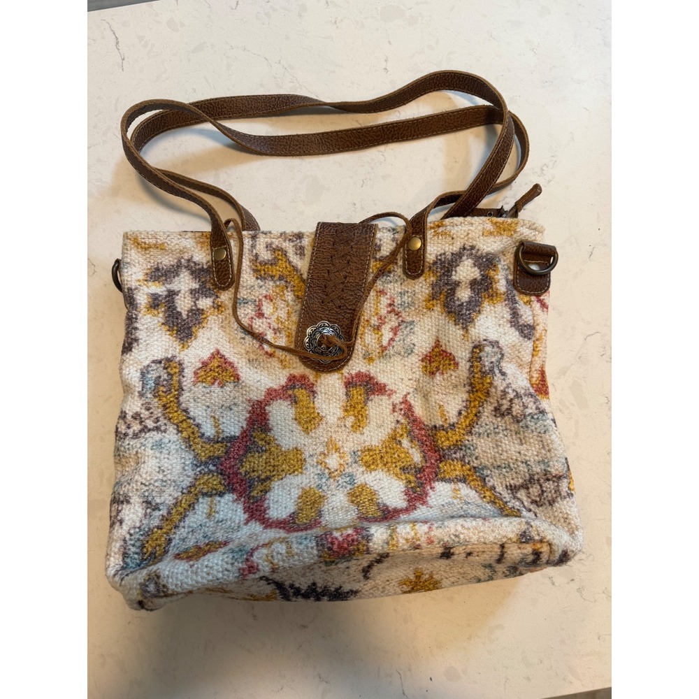 Myra Bag Southwestern Woven Rug Leather Tote Shoulder‎ Bag Bohemian Concho Brown